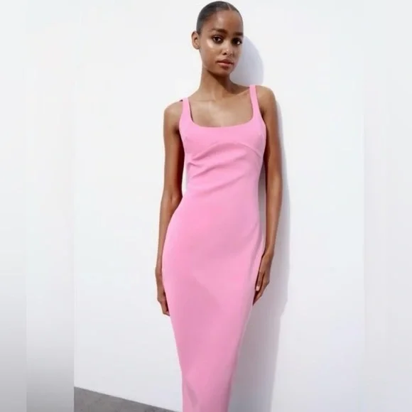 Zara Sleeveless Structured Pink Midi Dress NWT - Picture 1 of 12